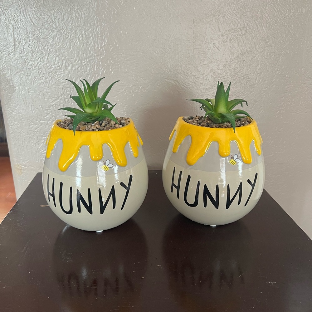 Disney Winnie The Pooh Hunny Pot Bookends w/ faux succulent